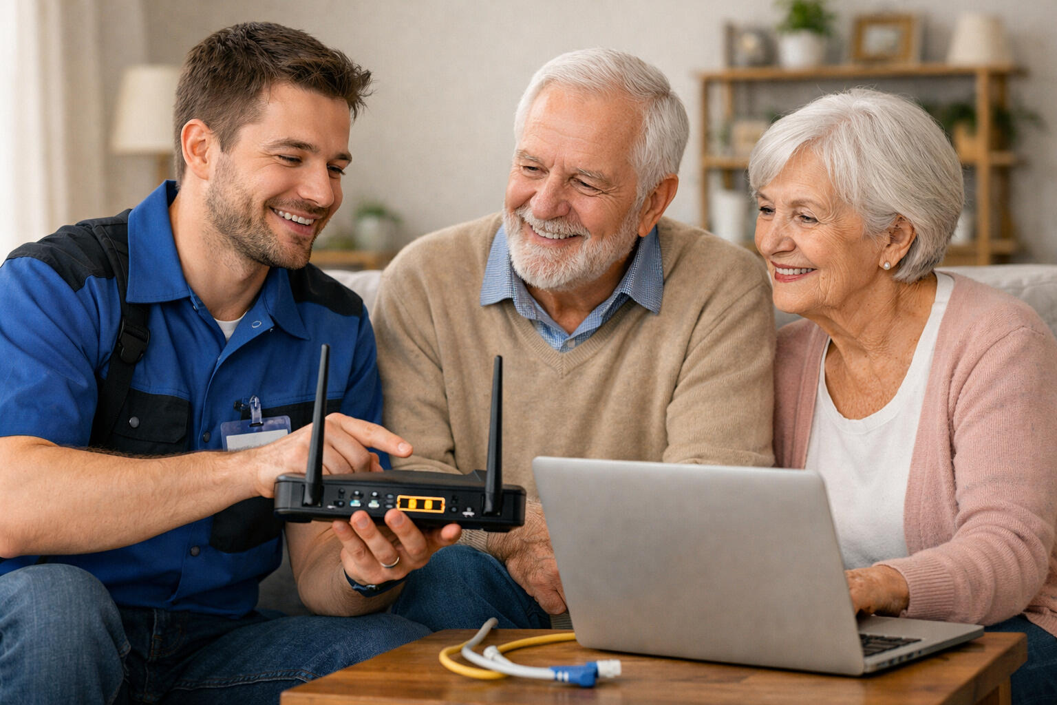 Technician helping senior couple with router In-home WiFi repair Attleboro MA technician assisting seniors