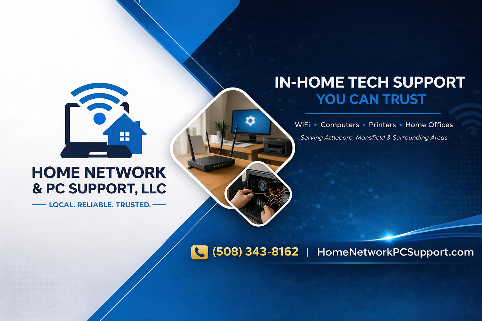Technician helping senior couple with router In-home WiFi repair Attleboro MA technician assisting seniors